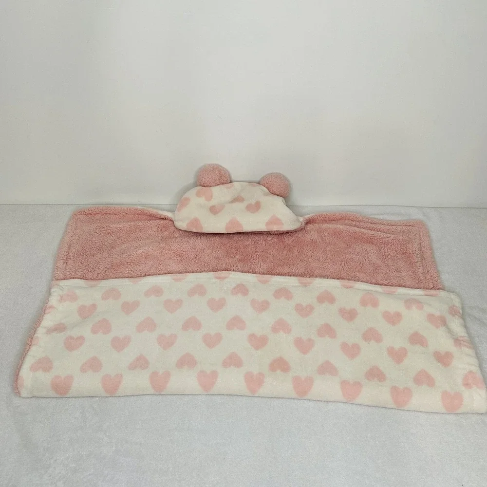 Chick Pea Pink Hearts Plush Hooded Pom Pom Blanket Throw 30x30 Lovey